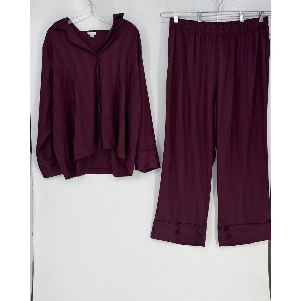 Ambrielle Pajama Set Womens XXL Burgundy Satin Button Down Loungewear PJs Set